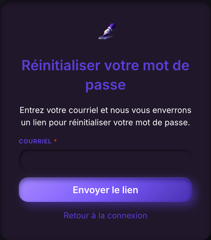 La page de réinitialisation du mot de passe, demandant une adresse courriel et proposant d'envoyer un lien de réinitialisation