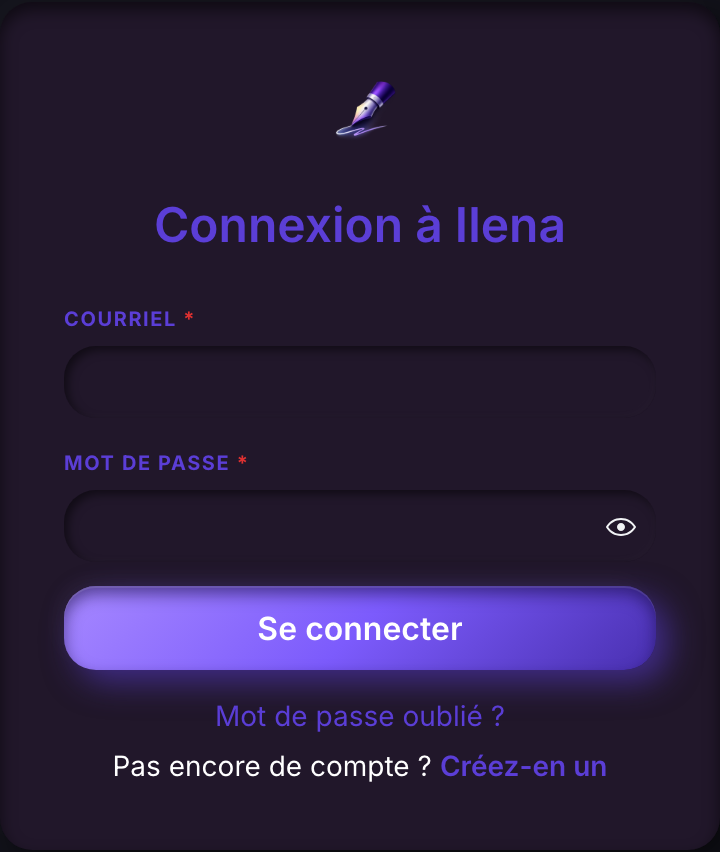 La page de connexion, avec les champs courriel et mot de passe, un bouton Se connecter, un lien Mot de passe oublié, et un lien pour créer un compte