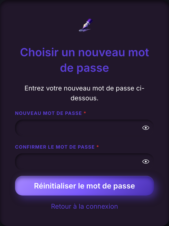 La page de choix d'un nouveau mot de passe, avec des champs pour le nouveau mot de passe et sa confirmation