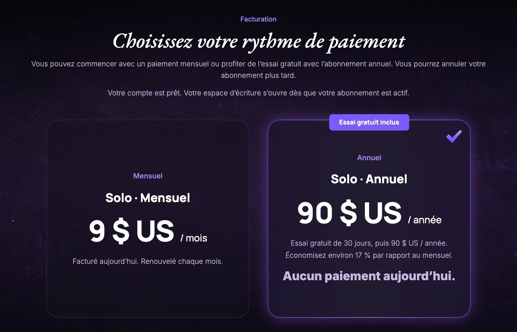 L'écran du rythme de paiement atteint en se connectant sans abonnement, montrant Votre compte est prêt au-dessus des forfaits Mensuel et Annuel, sans barre de progression