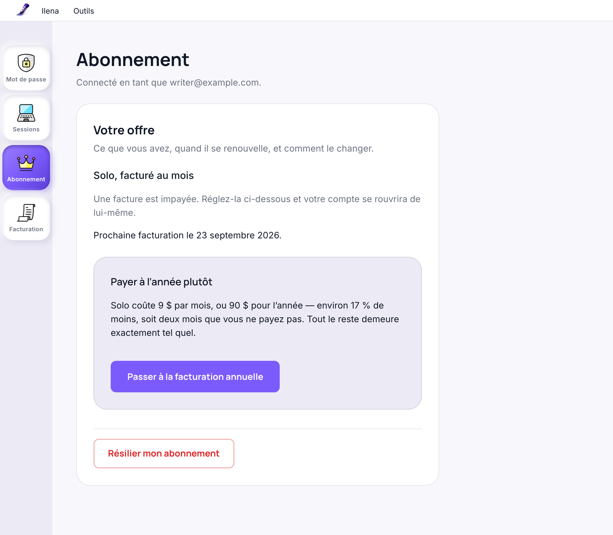 La section Abonnement de la page de compte, montrant Solo facturé au mois, la prochaine date de facturation, une carte Payer à l'année plutôt avec un bouton Passer à la facturation annuelle, et un bouton Résilier mon abonnement