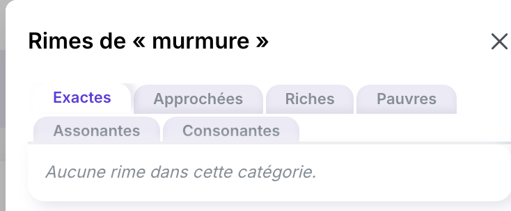 Le panneau Rimes du mot, montrant les onglets Exactes, Approchées, Riches, Pauvres, Assonantes et Consonantes
