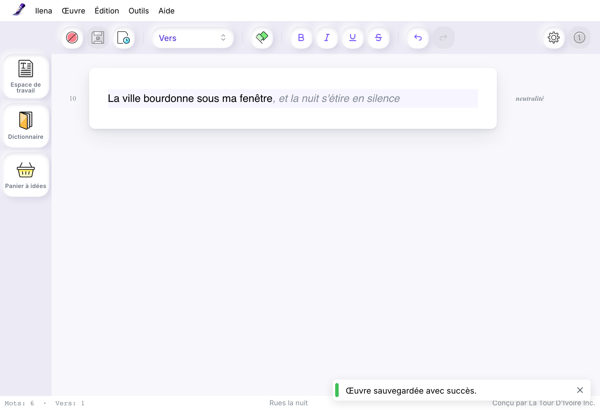 Une œuvre d’un vers dans l’éditeur, et le message « Œuvre sauvegardée avec succès. » en bas à droite de la fenêtre.