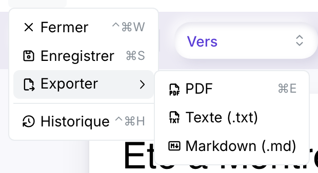 Le menu Œuvre avec Exporter déployé en sous-menu proposant PDF, Texte (.txt) et Markdown (.md)