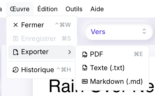 Le menu Œuvre ouvert sur Exporter, avec son sous-menu : PDF avec le raccourci ⌘E, Texte (.txt) et Markdown (.md).