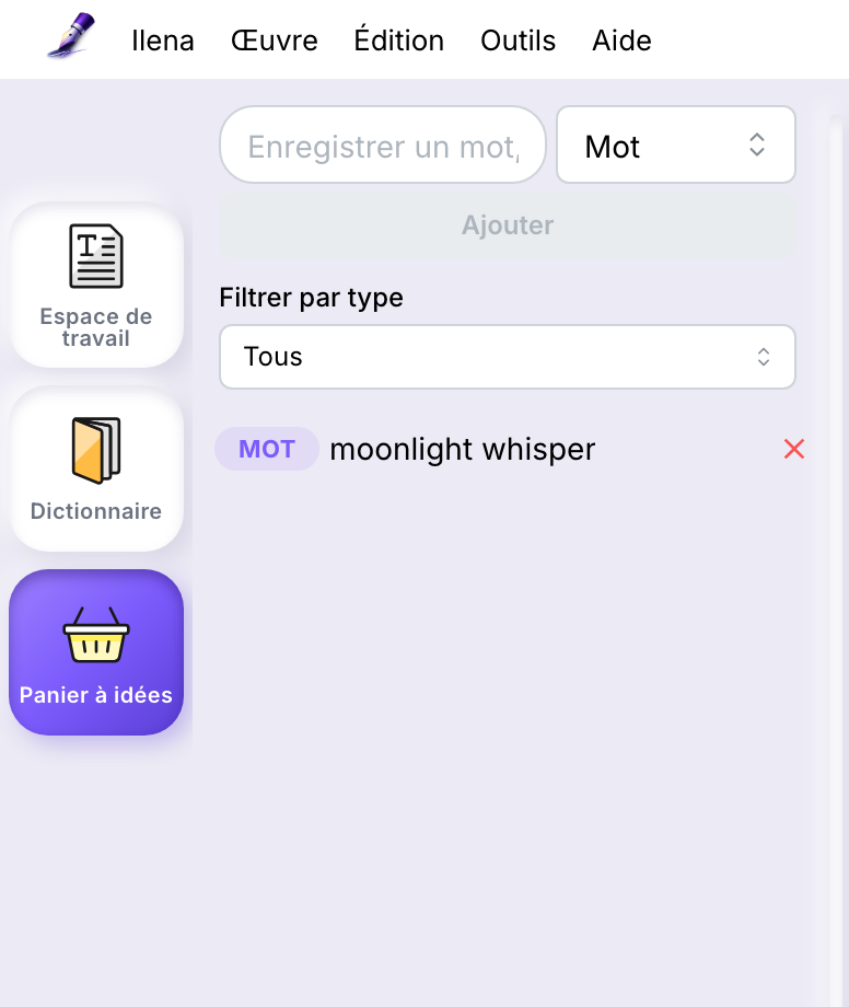 La palette d'outils avec Panier à idées sélectionné, et le tiroir ouvert montrant un mot enregistré