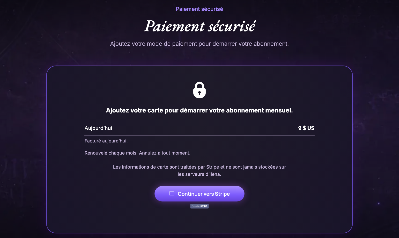 L'étape du paiement sécurisé, montrant le montant facturé aujourd'hui, ce qui se passe après l'essai, et le bouton Continuer vers Stripe