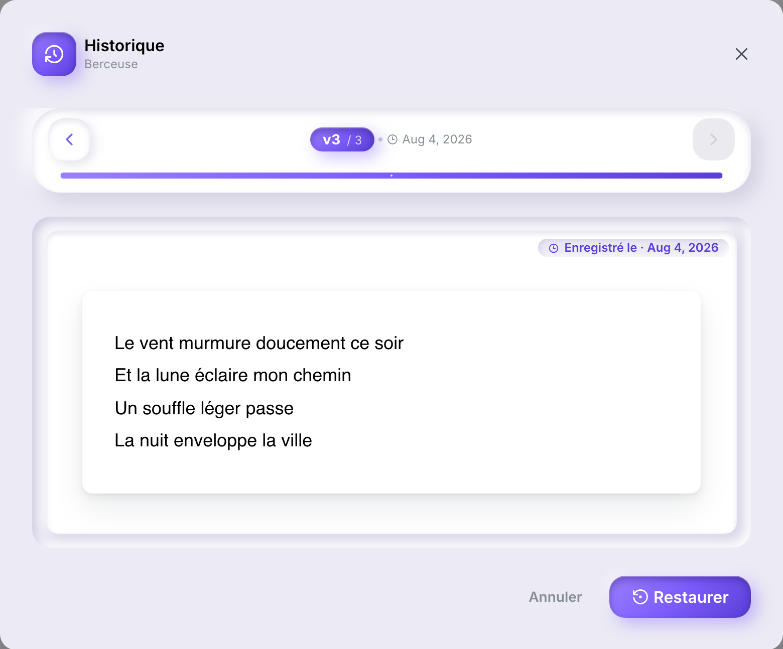 La boîte de dialogue Historique montrant la version 3 sur 3, sa date d'enregistrement, son contenu, et les boutons Restaurer et Annuler