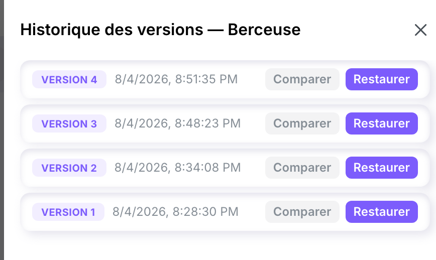 Le panneau d'historique des versions listant quatre versions d'une œuvre, chacune avec des boutons Comparer et Restaurer