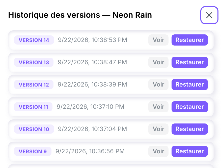 Le panneau Historique des versions d’une œuvre, qui liste ses versions de la plus récente à la plus ancienne, chacune avec sa date et son heure, un bouton Voir et un bouton Restaurer.