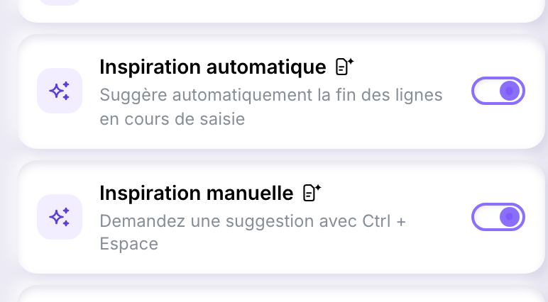 Les interrupteurs Inspiration automatique et Inspiration manuelle dans les Paramètres, chacun marqué d'un petit badge de contenu généré