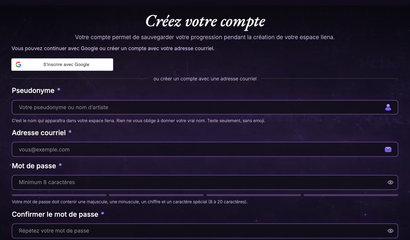 L’écran Créez votre compte : un bouton S’inscrire avec Google, puis les champs Pseudonyme, Adresse courriel, Mot de passe et Confirmer le mot de passe.