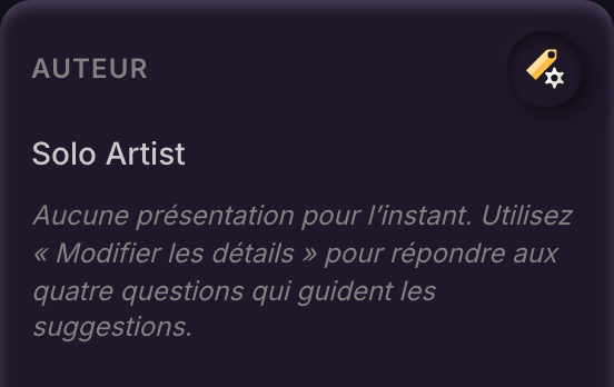 La carte Détails de l'auteur affichant le nom d'un auteur, une icône de modification et la phrase l'invitant à répondre aux quatre questions