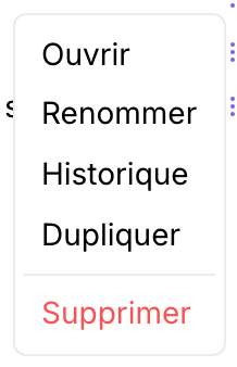Le menu contextuel d'une œuvre : Ouvrir, Renommer, Historique, Dupliquer, et Supprimer