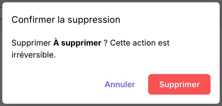 La boîte de dialogue de confirmation de suppression, nommant l'œuvre et avertissant que l'action est irréversible