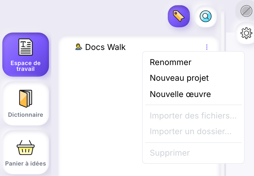 L’espace de travail ouvert sur le nœud d’auteur Docs Walk, avec son menu contextuel : Renommer, Nouveau projet, Nouvelle œuvre, Importer des fichiers…, Importer un dossier… et Supprimer.