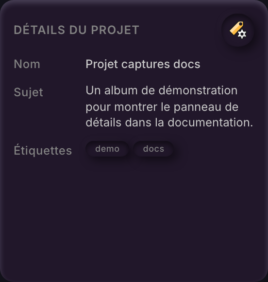 La carte Détails du projet affichant le nom d'un projet, sa description Sujet et ses étiquettes